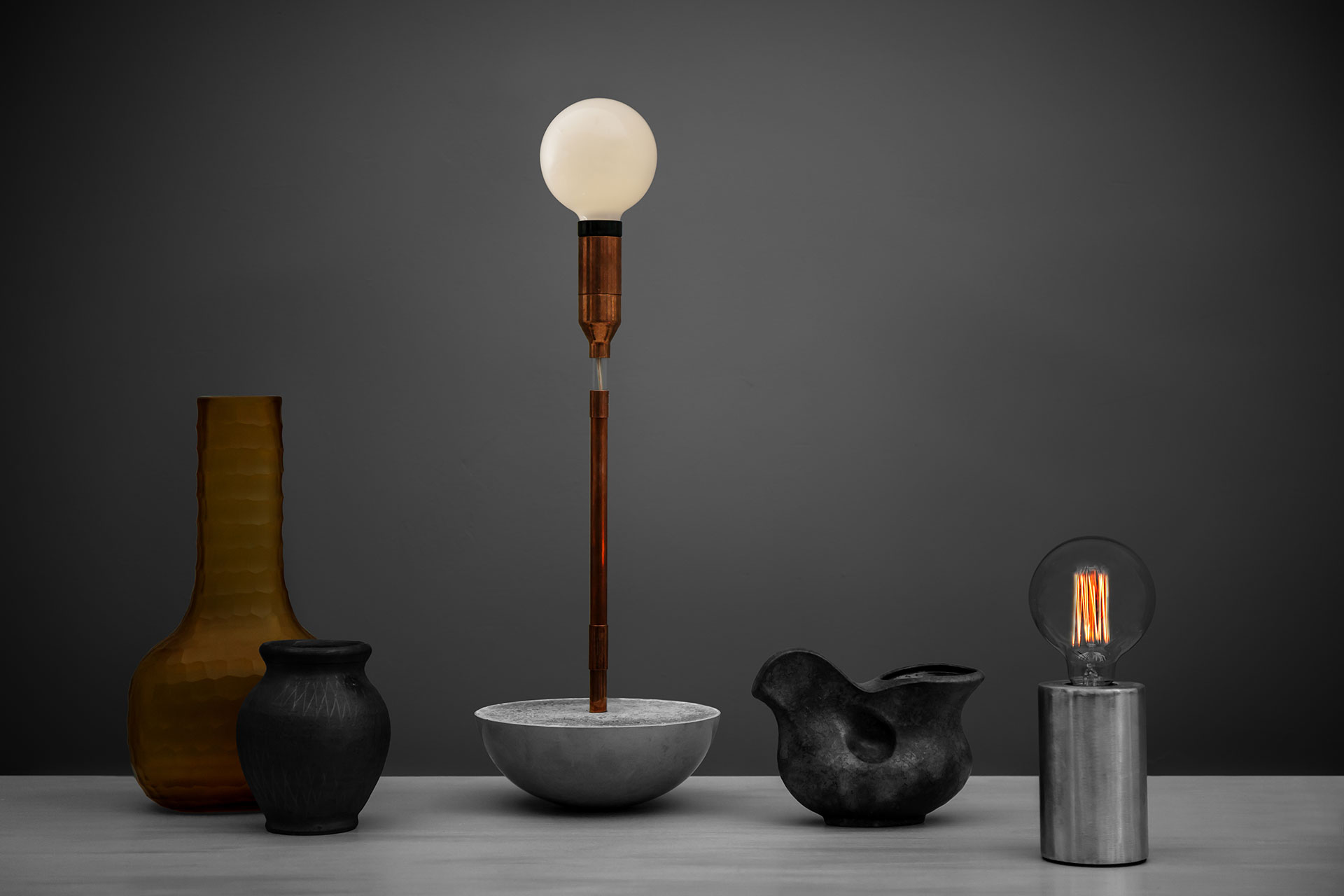 Designer table lamp with magic touch dimmer on hemisphere concrete base inspired by loft style