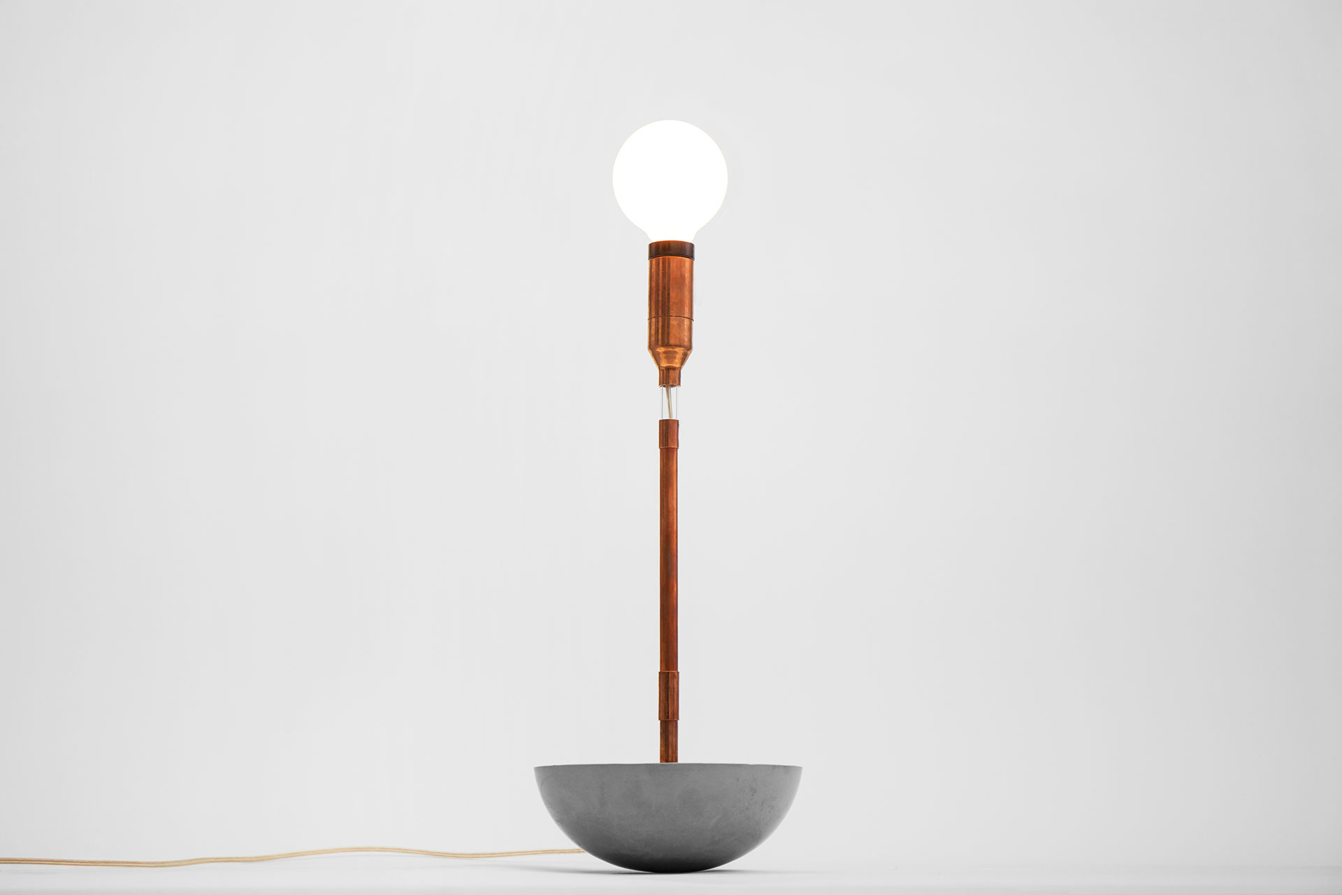 Copper pipe table lamp with hemisphere concrete base and magic touch dimmer
