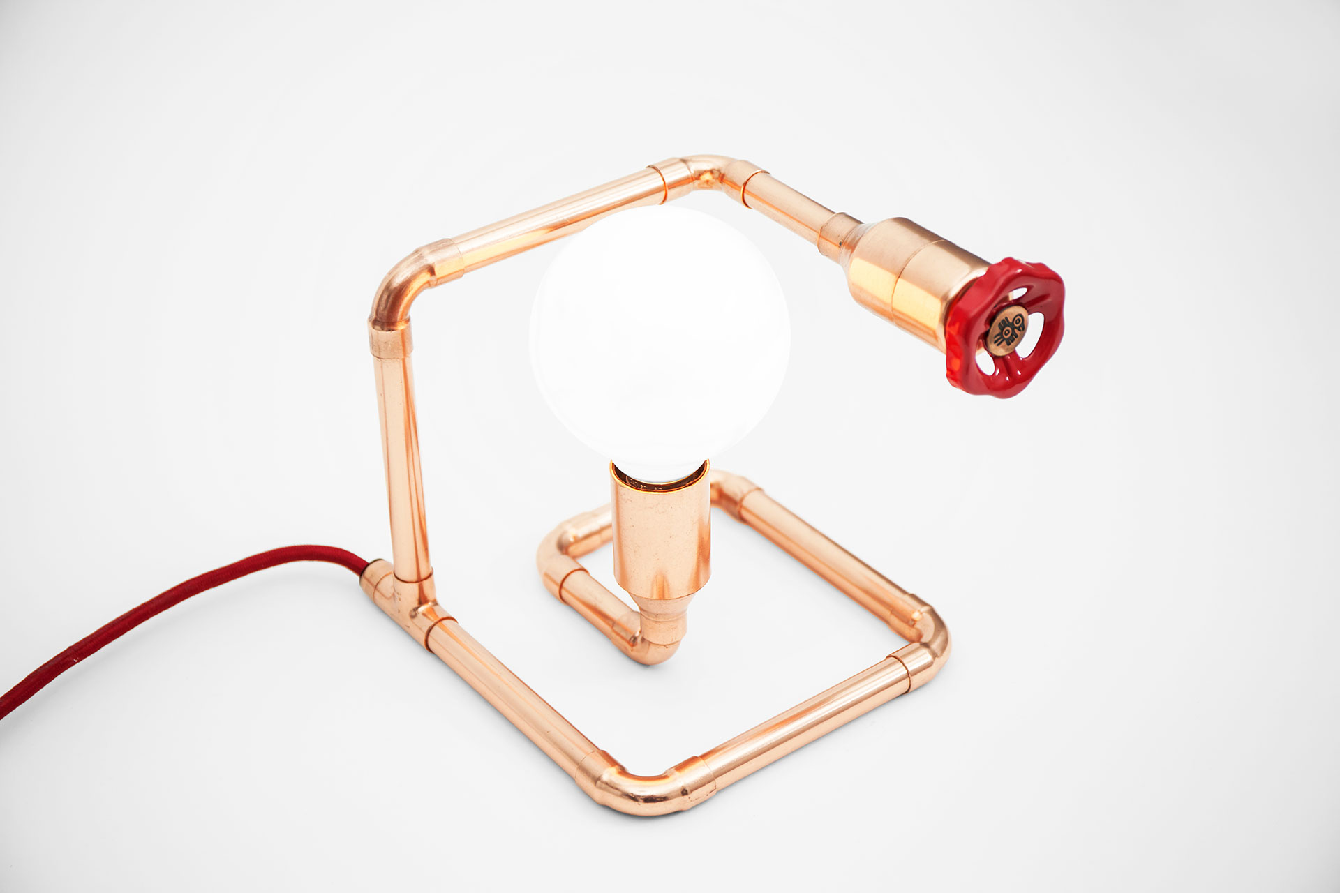 Gadget table lamp made of copper pipes with funny knob dimmer inspired by industrial design