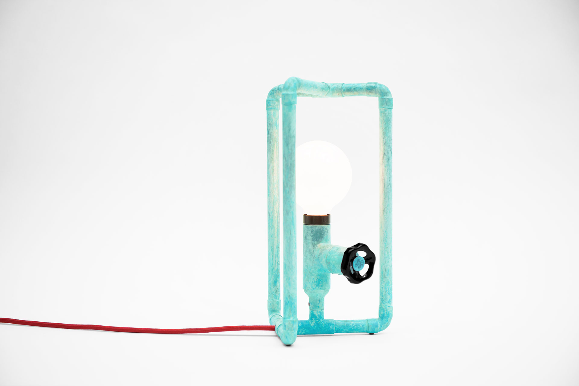 Gadget table lamp in turquoise color with funny knob dimmer inspired by industrial design