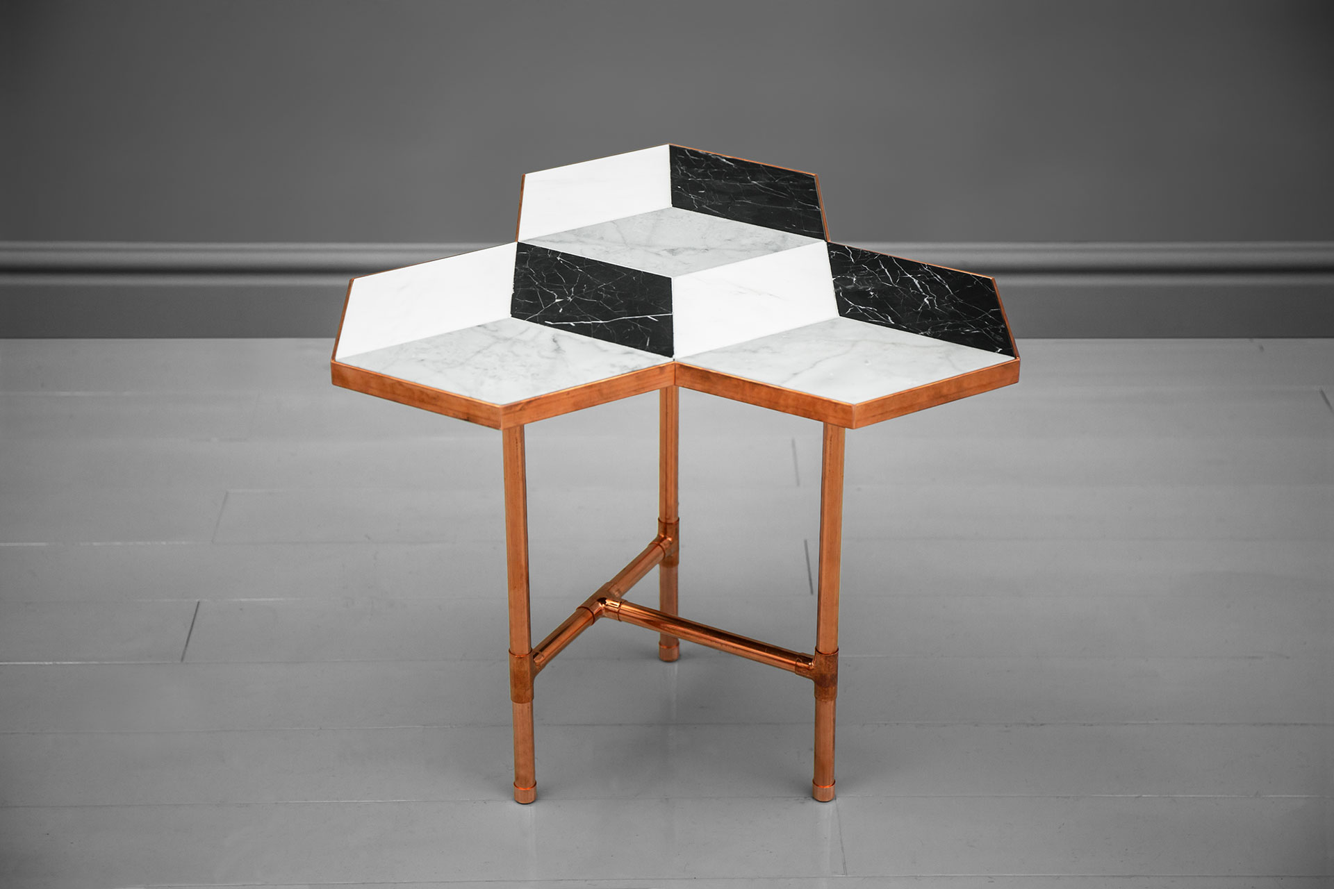Modern design copper side table with 3D illusion marble top