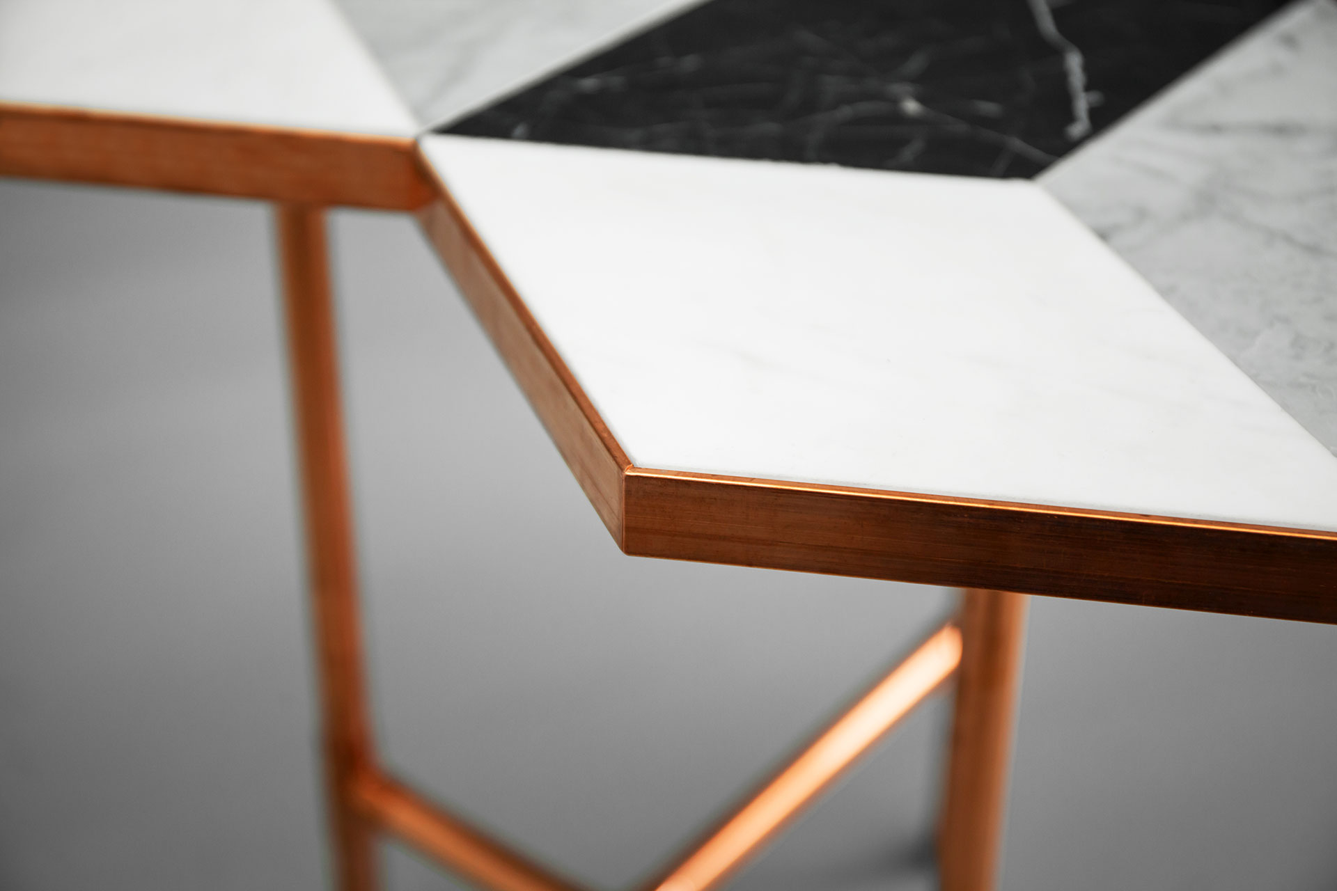 Brutalist design copper and marble coffee table