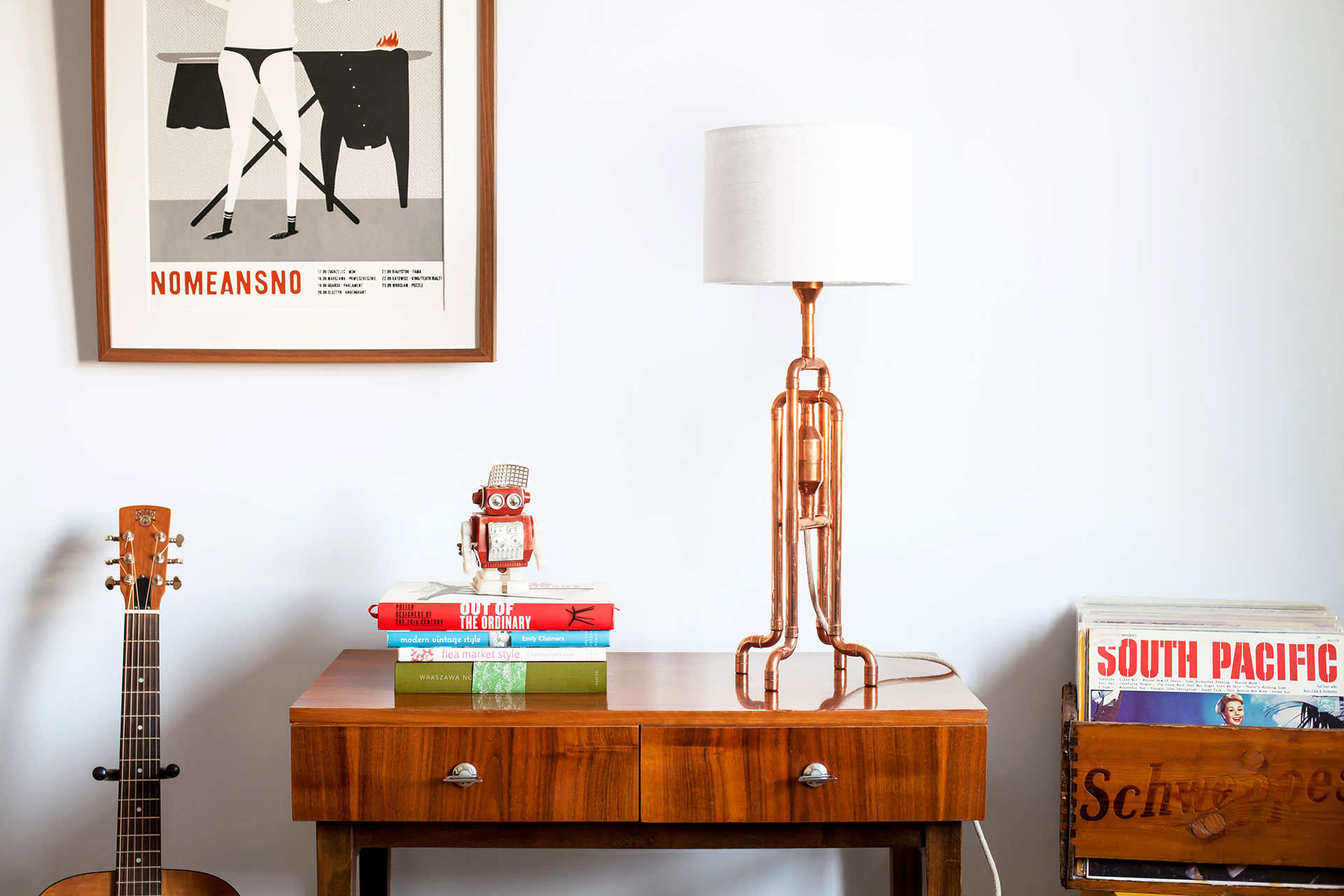 Copper pipes table lamp with white natural linen shade inspired by loft style in cozy chic apartment