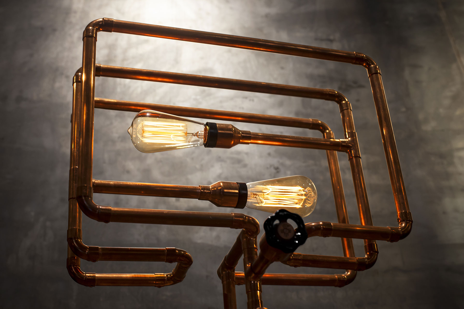 Copper tubing conosle lamp with knob dimmer and vintage Edison bulbs