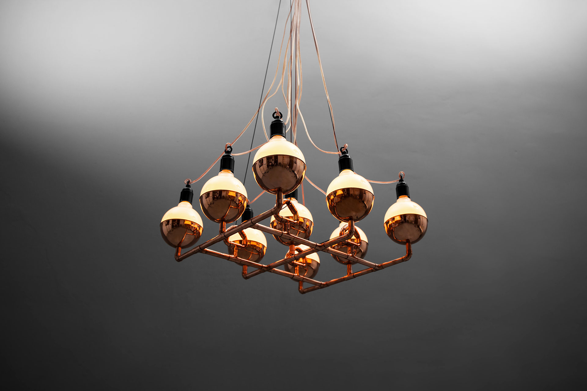 Custom ceiling lamp in trendy copper or brass inspired by industrial design
