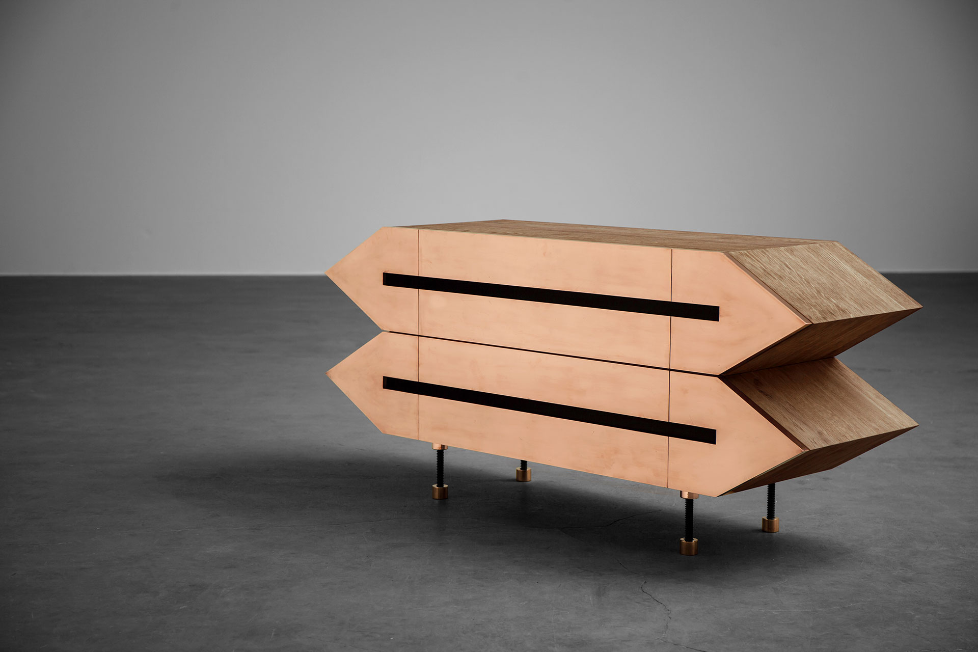 Conceptual design sideboard in brass and solid wood