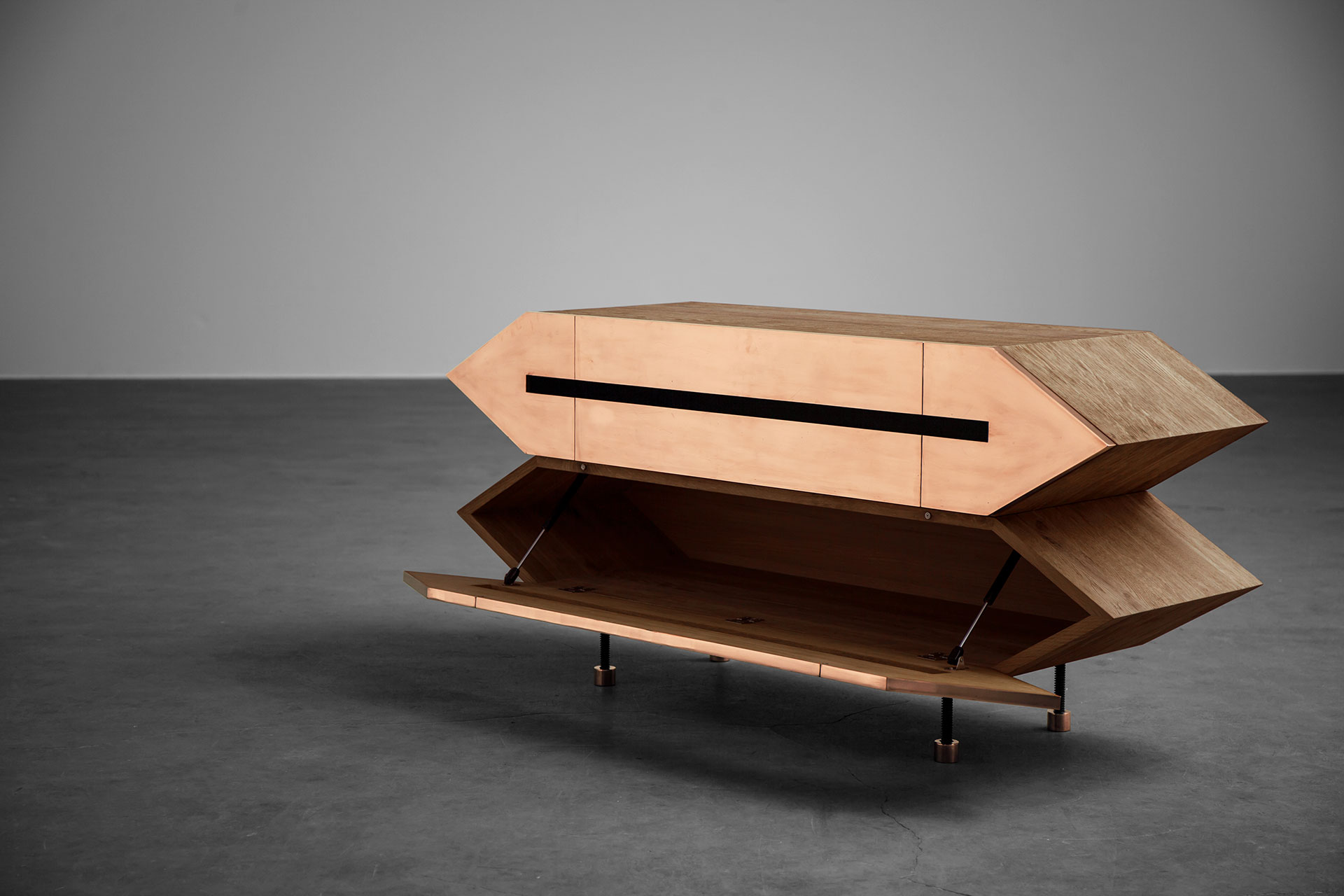 Brass media tv cabinet inspired by brutalism style