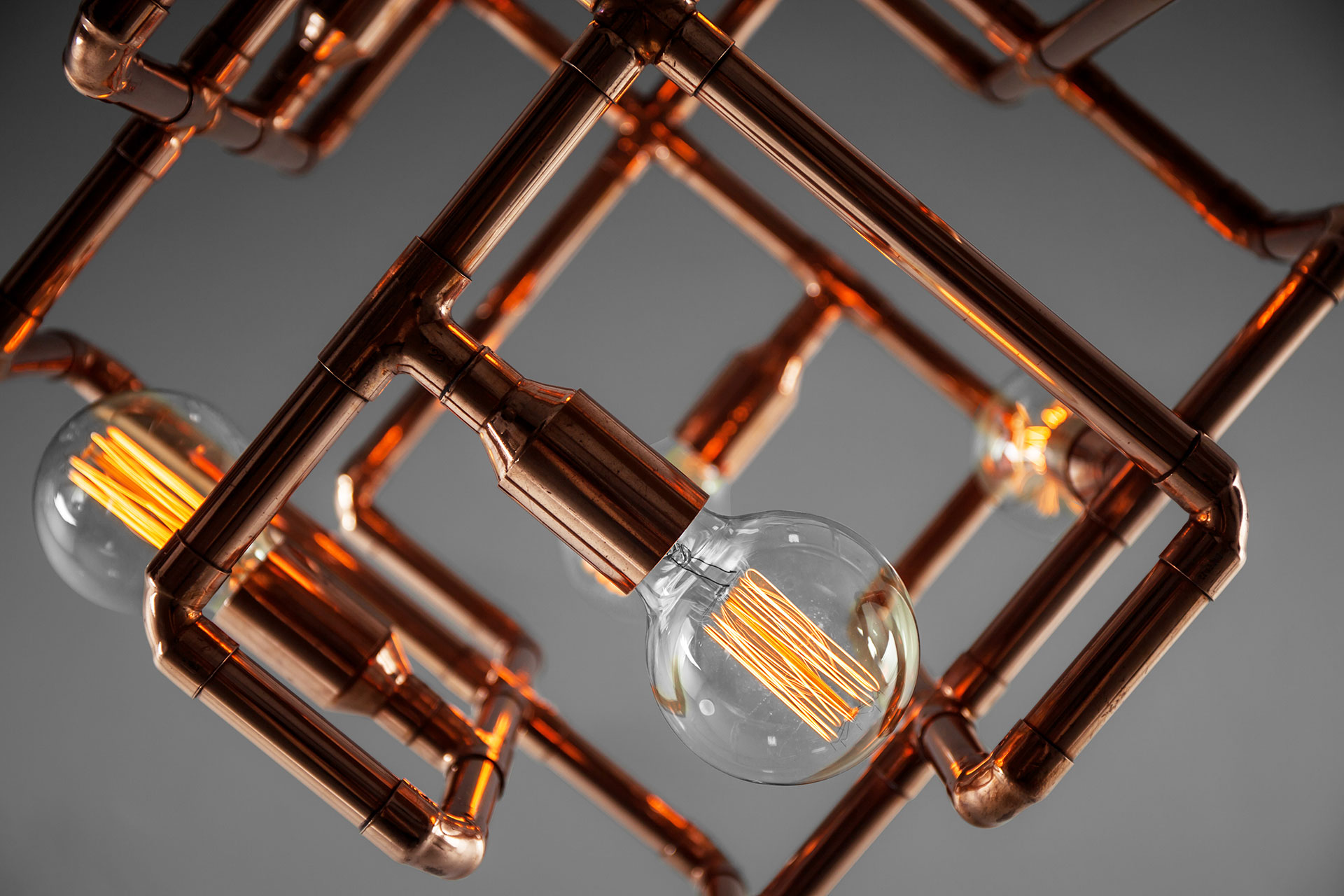 Copper pipe art ceiling lamp with vintage Edison bulbs