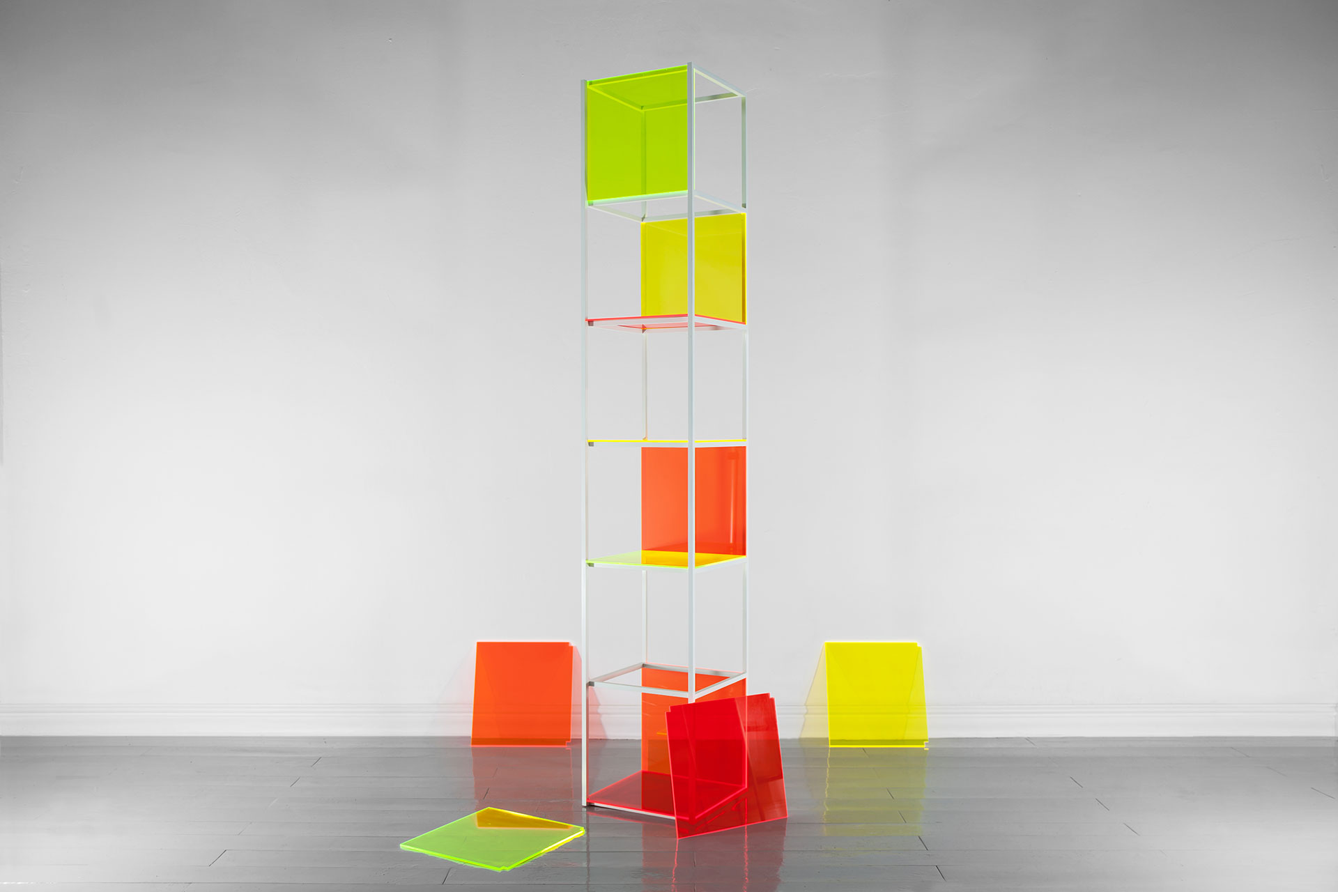 Conceptual shelving made of colorful plexi