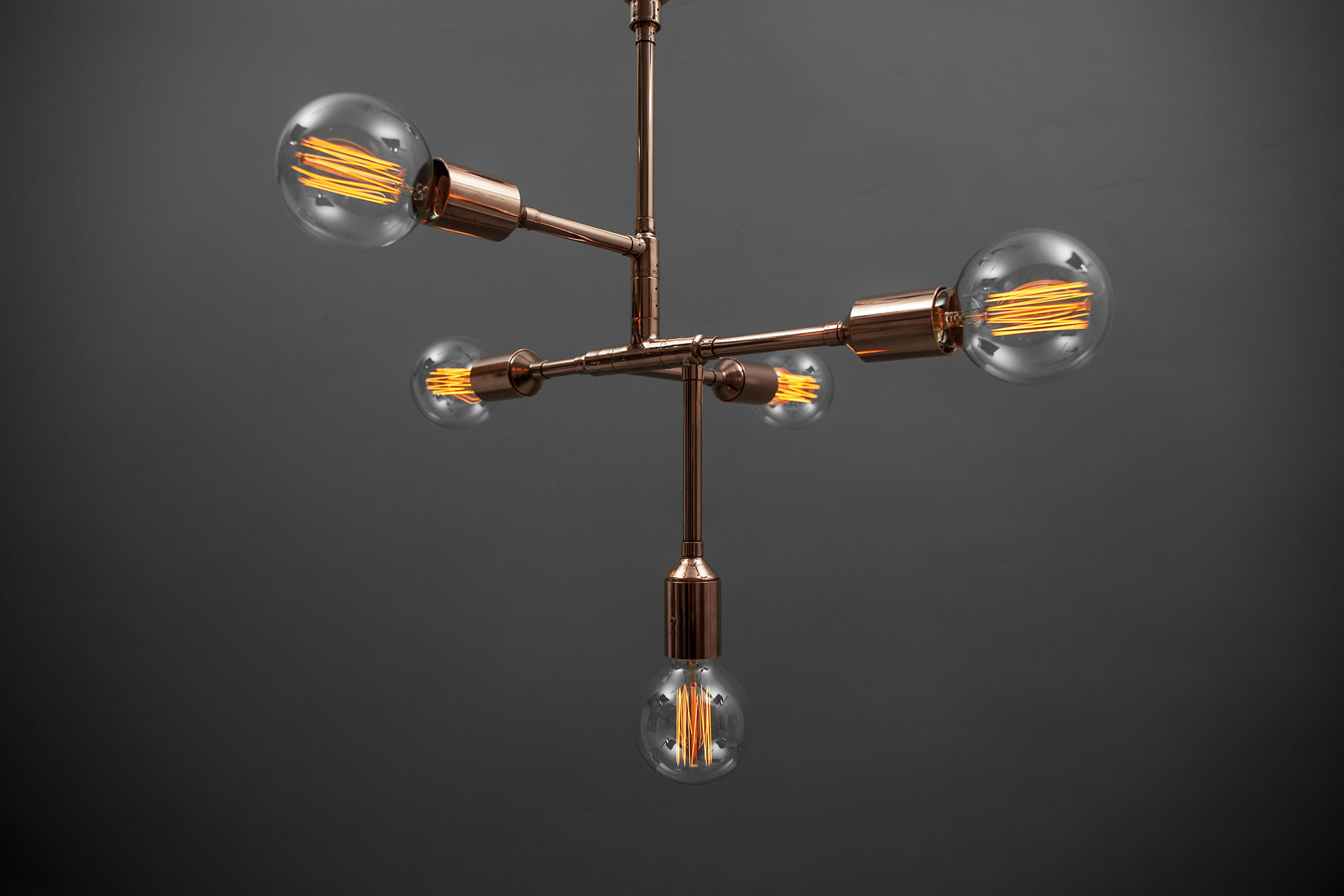 Conceptual design ceiling lamp in copper or brass with Edison bulbs