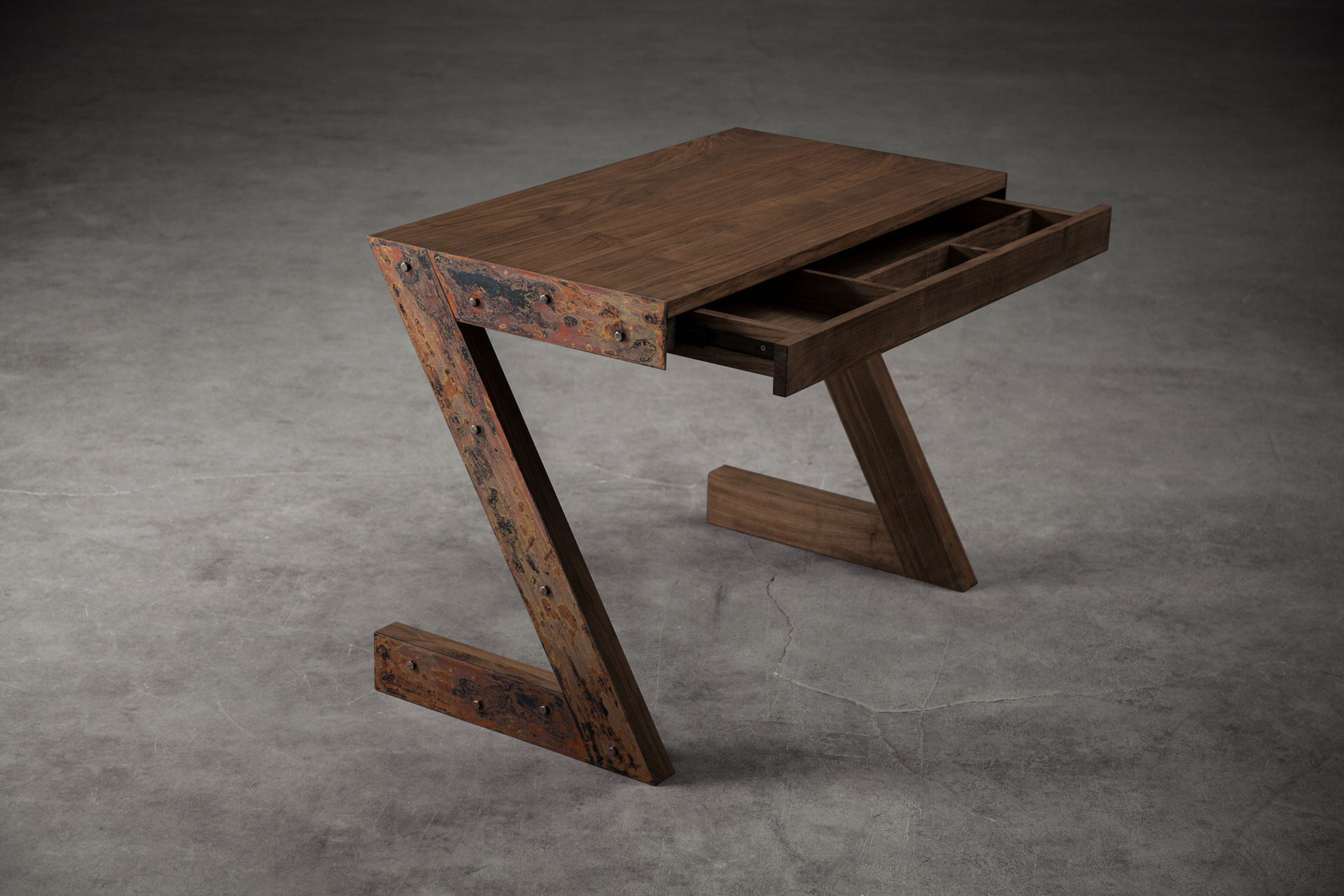 Designers walnut desk inspired by brutalism style