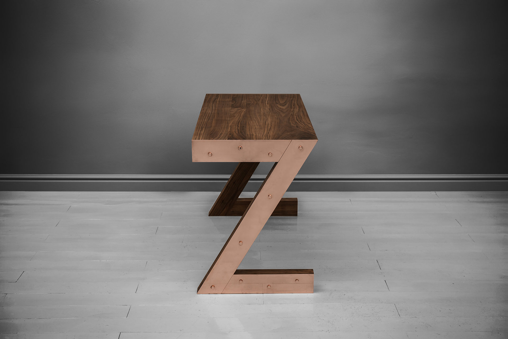 Contemporary Z shaped desk in copper and walnut