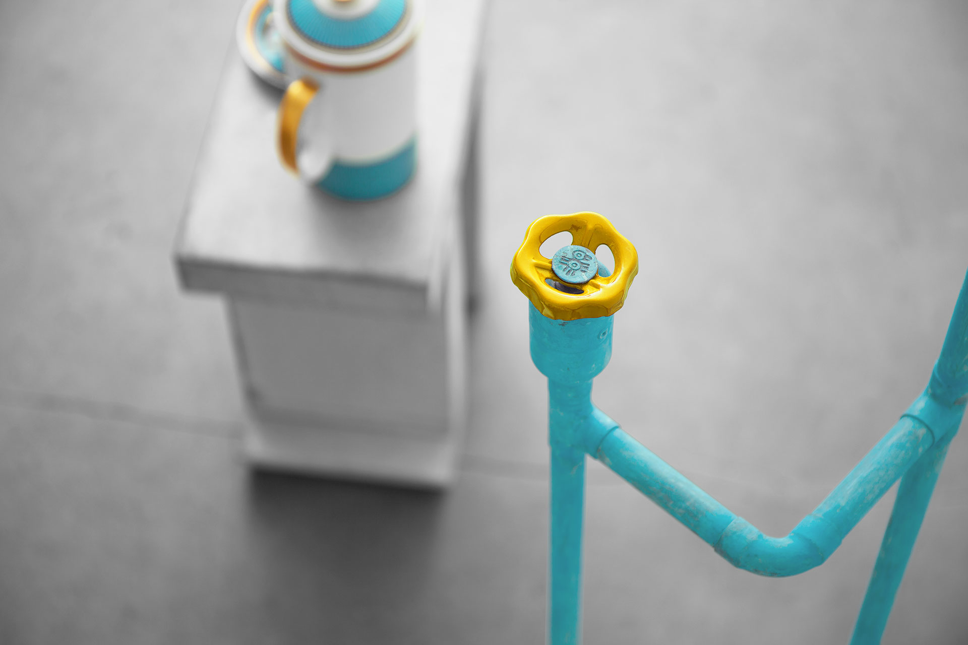 Cool yellow knob dimmer in trendy turquoise floor lamp inspired by industrial style design