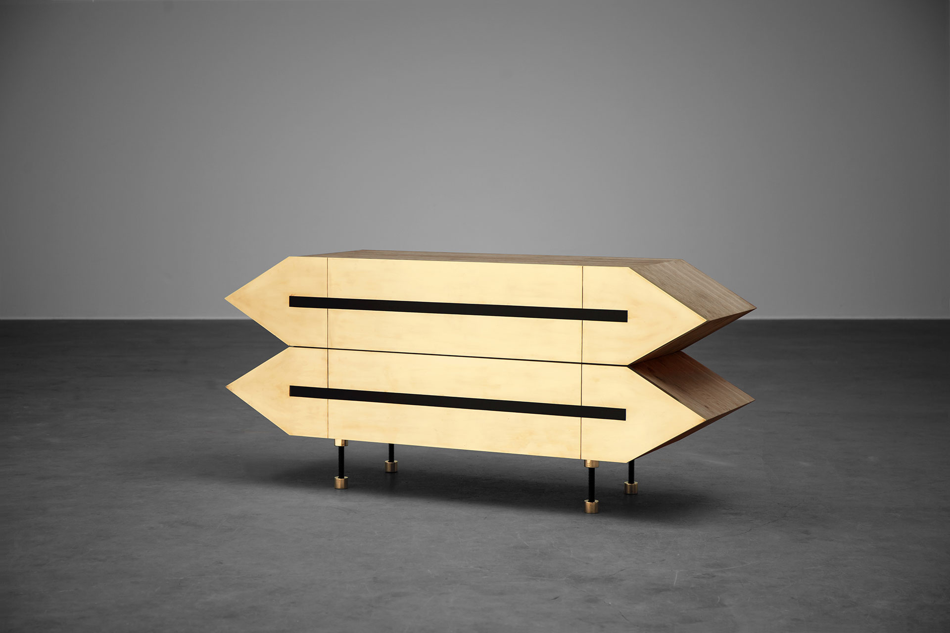 Wood and brass furniture inspired by brutalist design