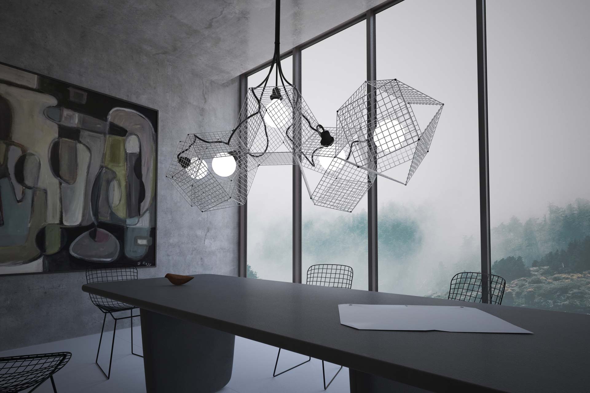 Modern conference room men office with geometric design ceiling lamp in futuristic form