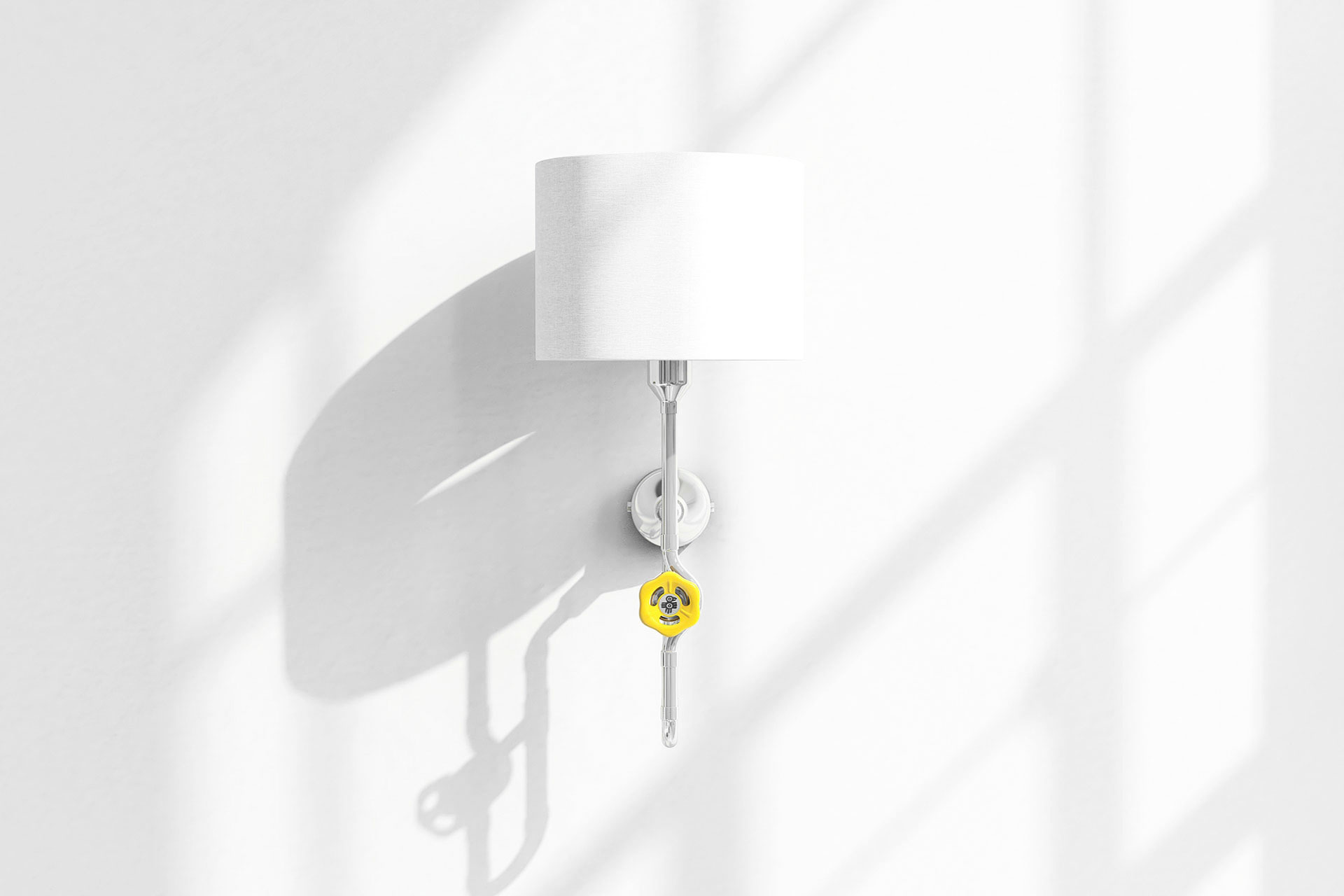 Designer metal wall lamp in silver color with yellow knob dimmer and white linen shade